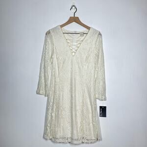 NEW En Focus Studio Floral Lace Dress Women's Size 10 Ivory Lace Up 3/4 Sleeves